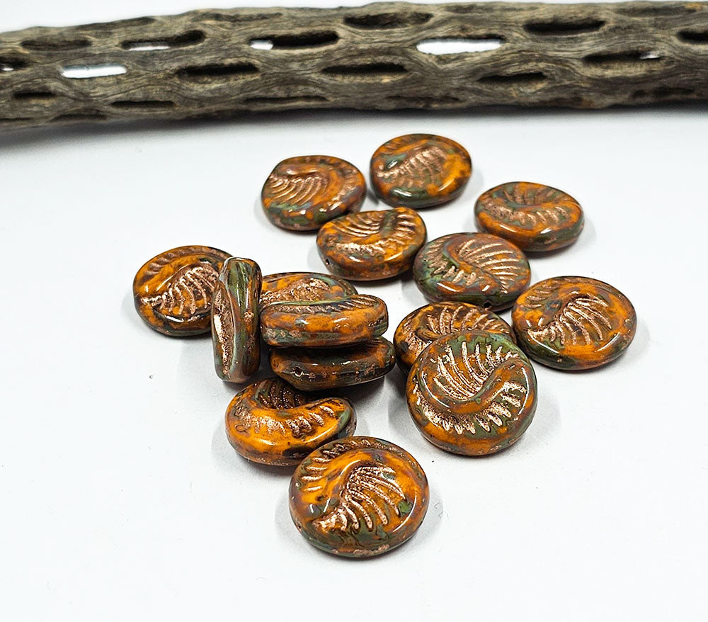 Czech Glass Fossil Bead 19x19 Orange-Picasso Finish- Copper Wash