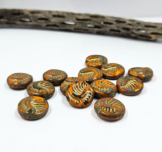 Czech Glass Fossil Bead 19x19 Orange and Green with a Gold wash pkg of 4