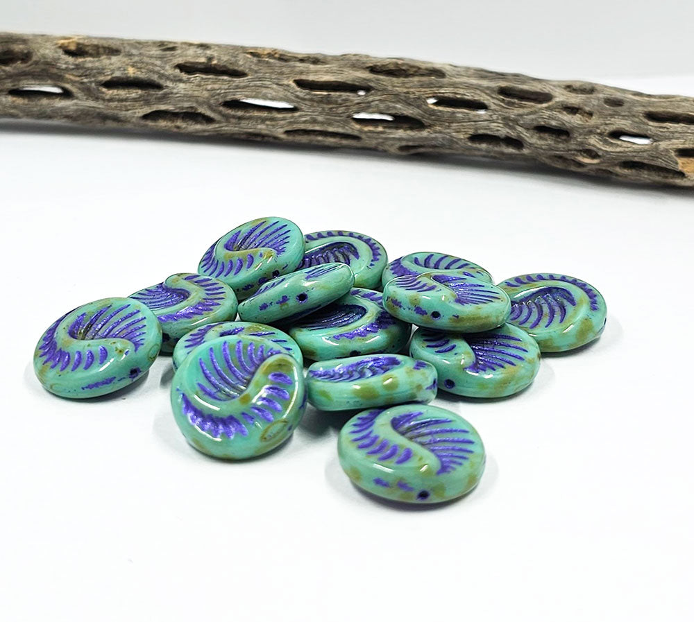 Czech Glass Fossil Bead 19x19 Turquoise with Metallic Blue wash and Picasso Finish Pkg of 2