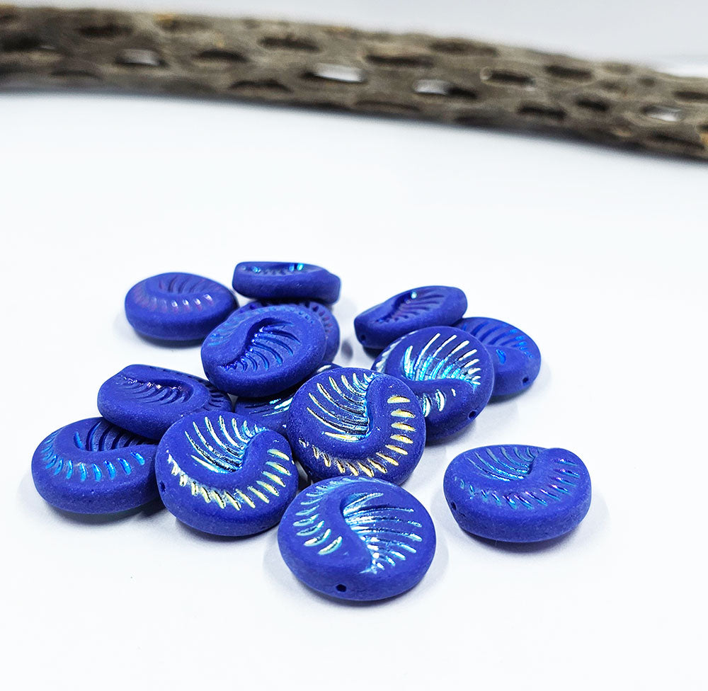 Czech Glass Fossil Bead 19x19 Matte Blue with an Iridescent wash pkg of 2