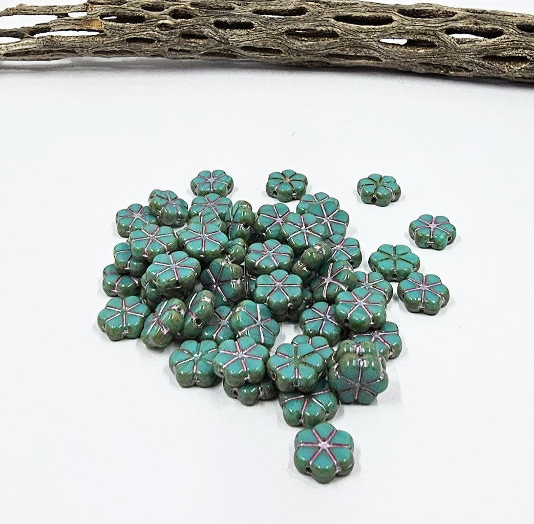 Czech Table Cut  Garland Flower Beads 10x10 Turquoise Green  with a rose wash and Picasso Finish pkg of 10