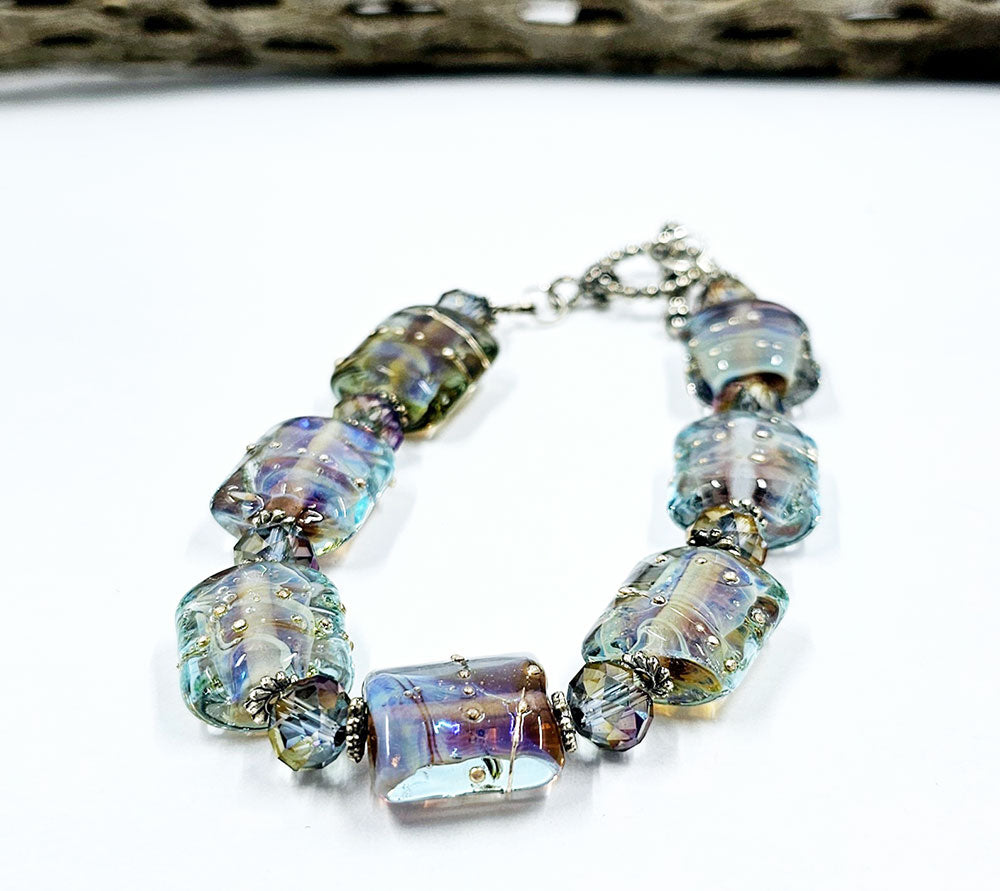 Lampwork Glass Bead Bracelet-Silver Laden Glass on Aqua Blue