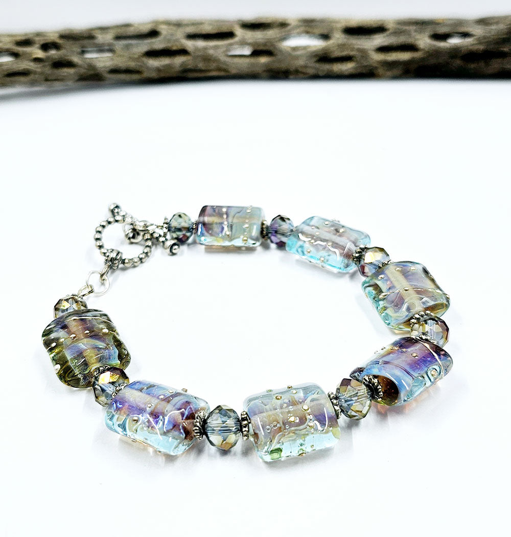 Lampwork Glass Bead Bracelet-Silver Laden Glass on Aqua Blue