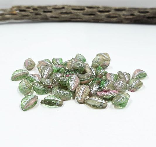 Czech Glass Beads Wavy Leaves 09x14mm Two Toned Leaf Pink and Green with Silver wash Pkg of 10