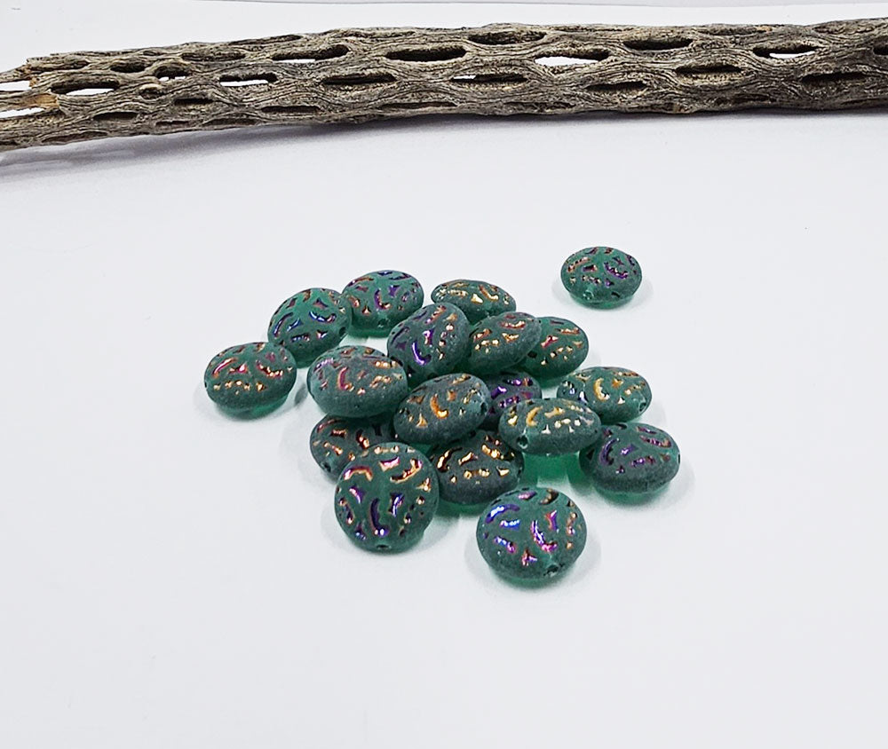 Czech Glass Beads - Button Beads - Brocade Coin Beads  - Vintage Style - Czech Beads - Lentil Beads - 14mm - 4pcs