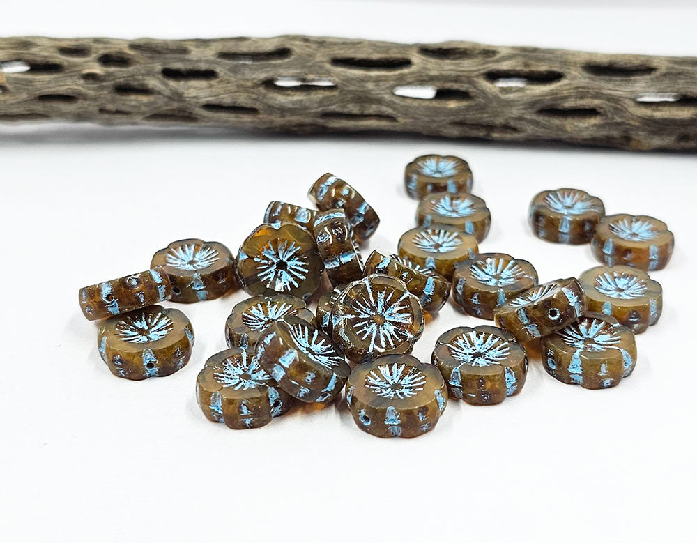 Czech Glass Beads "Table Cut Hawaiian "Hibiscus" Flower" Beads Brown with a Turquoise wash, picasso finish 14x14mm pkg of 4