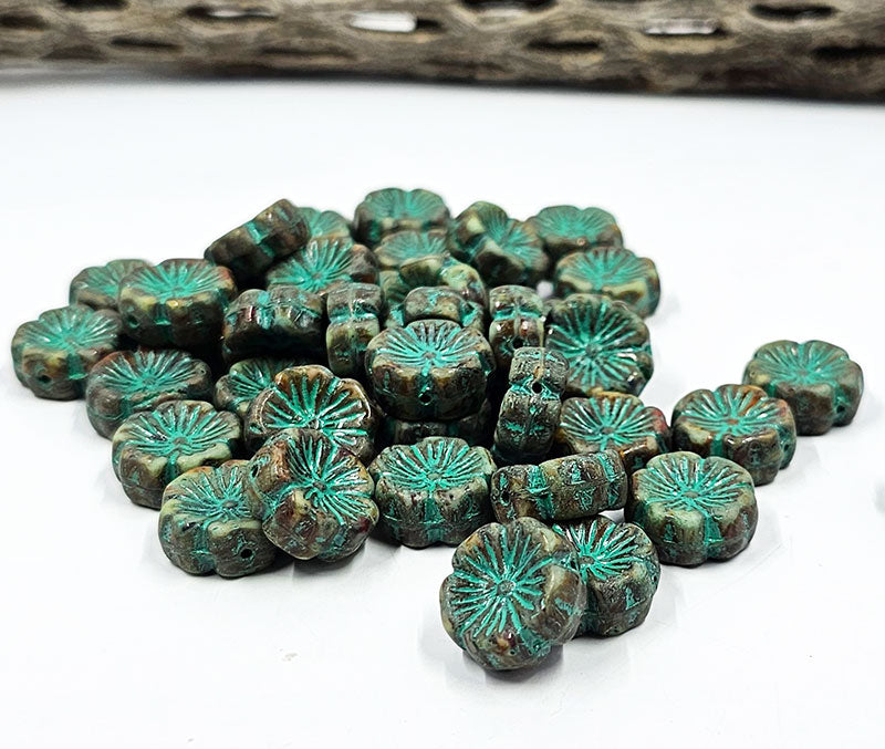 Czech Glass Beads "Table Cut Hawaiian "Hibiscus" Flower" Beads Brown and Tan and Green Wash  picasso finish 14x14mm pkg of 4