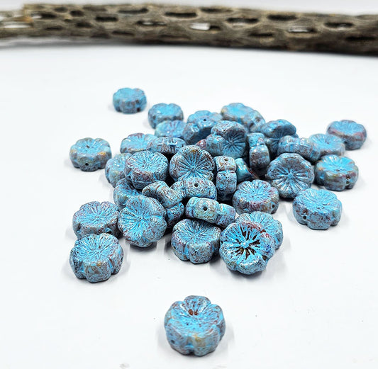 Czech Glass Beads "Table Cut Hawaiian "Hibiscus" Flower" Beads Red with a Blue Wash 14x14mm pkg of 4