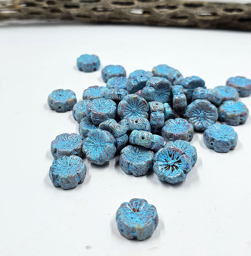 Czech Glass Beads "Table Cut Hawaiian "Hibiscus" Flower" Beads Red with a Blue Wash 14x14mm pkg of 4