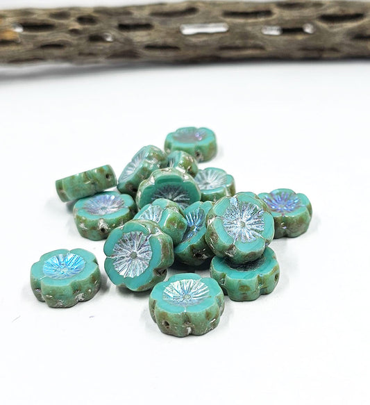 Czech Glass Beads "Table Cut Hawaiian Flower" Beads Turquoise blue with metallic silver wash, picasso finish 14x14mm pkg of 4