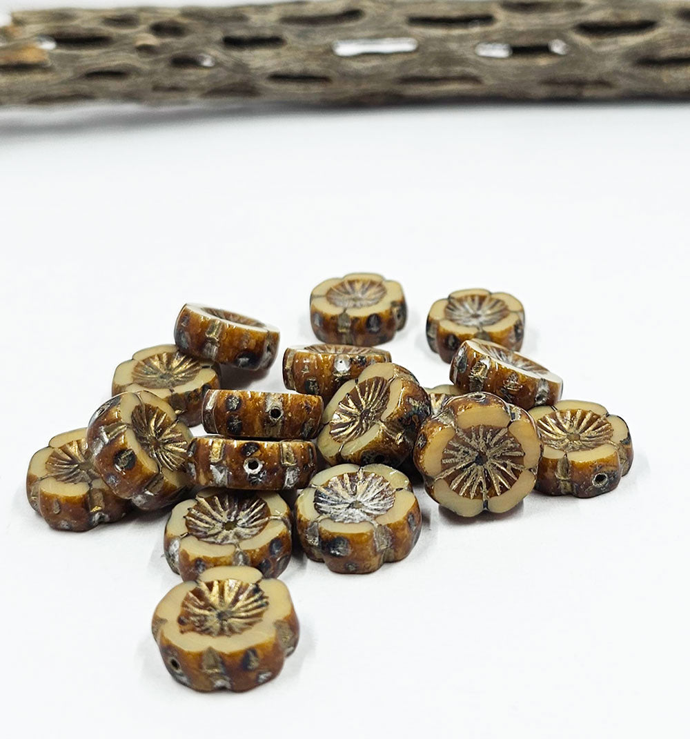 Czech Glass Beads "Table Cut Hawaiian Flower" Beads Tan and Brown with a Gold wash, picasso finish 14x14mm pkg of 4