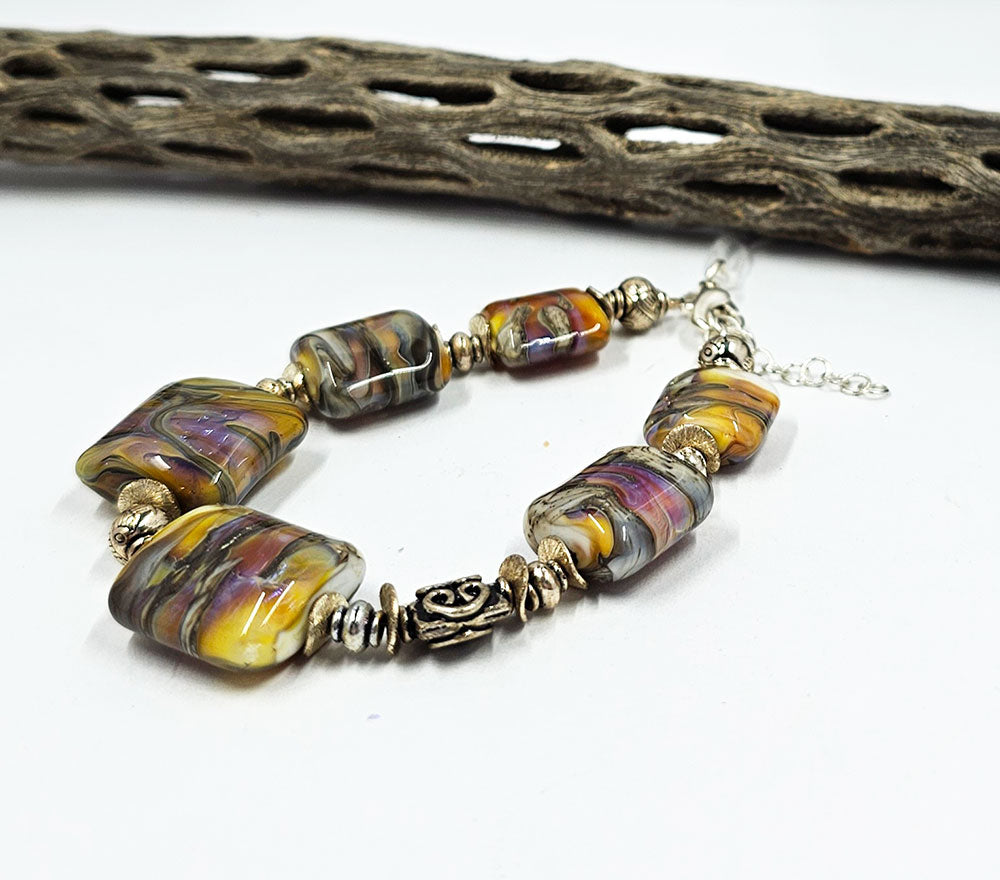 Lampwork Glass Bead Bracelet-Silver Laden Glass Nuggets over Ivory 7 inches