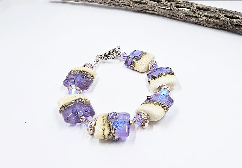 Lampwork Glass Bead Bracelet-Lavender Nuggets with Dichroic Glass and Fine Silver