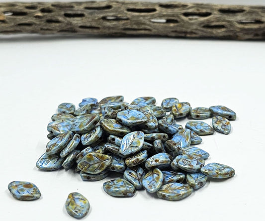 Czech Glass Beads - Cherry Leaves 07x12mm Blue with Picasso Finish Pkg of 16