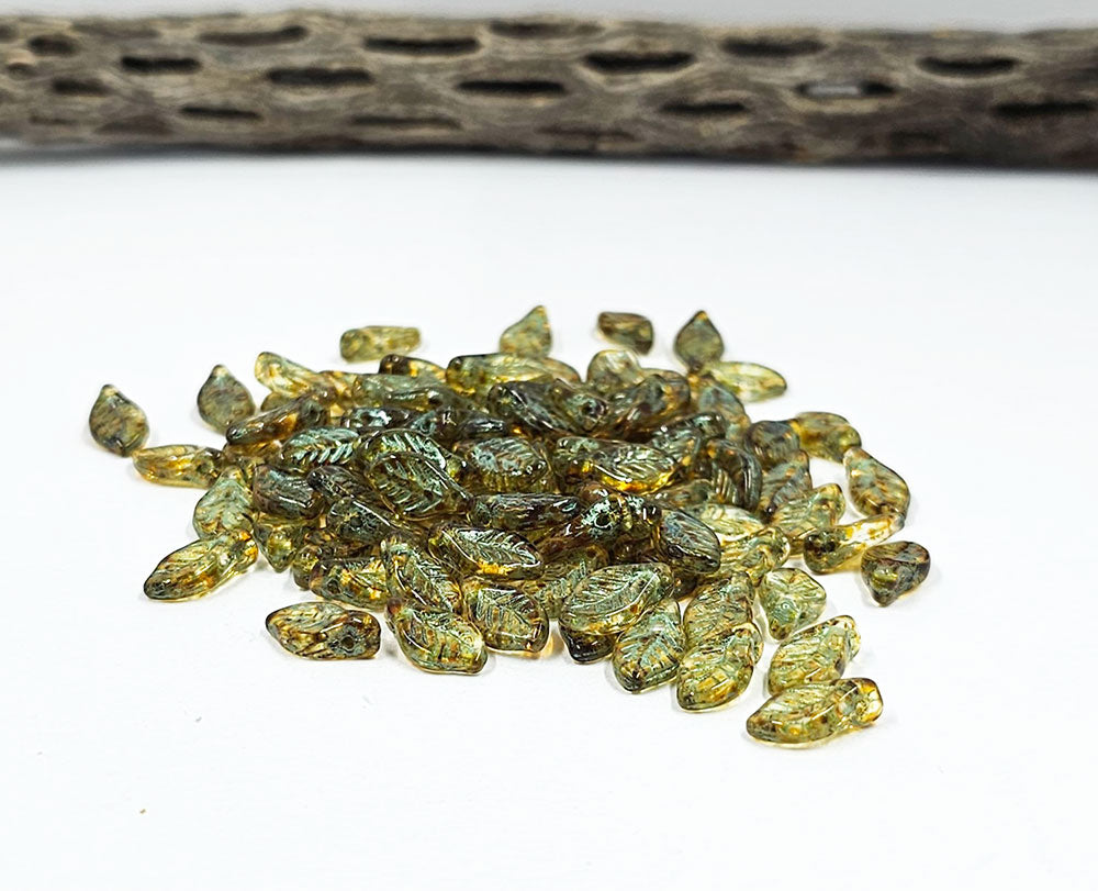 Czech Glass Beads - Leaves 06x12mm Amber with Metallic Green wash and Picasso Finish Pkg of 25