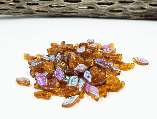 Czech Glass Beads - Leaves 06x12mm Amber AB Pkg of 25