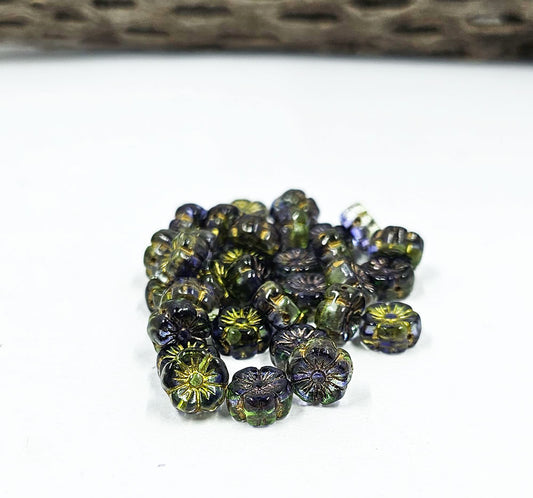 Czech Glass Beads Mallow Flowers 10x10mm-Purple with a metallic Green wash pkg of 10