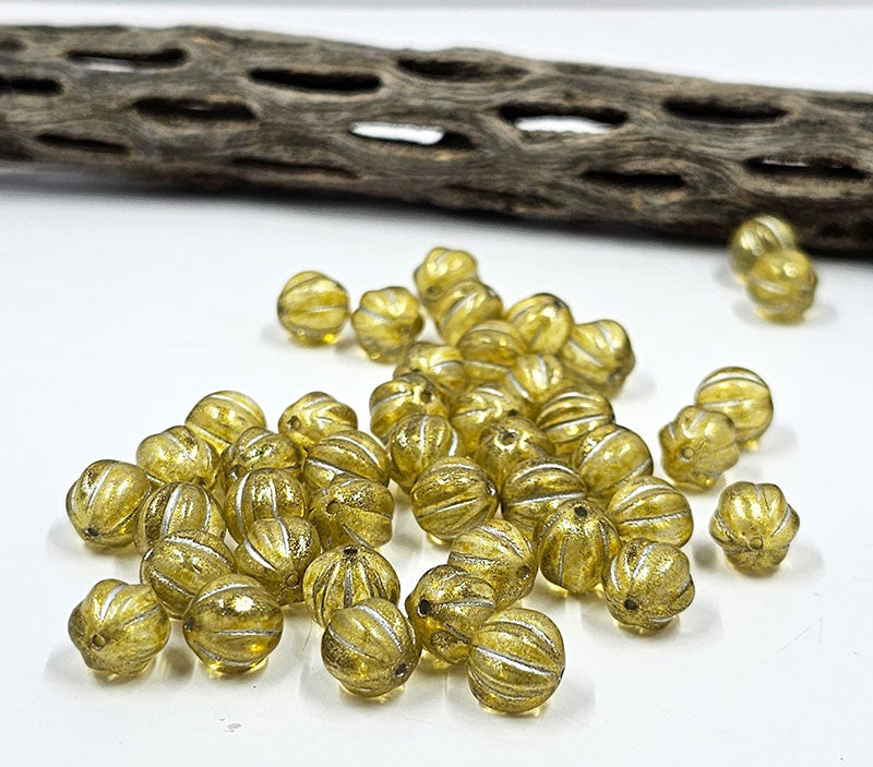 Czech Glass Beads "Melon" Transparent Gold with a Silver Wash 8mm  Pkg of 10