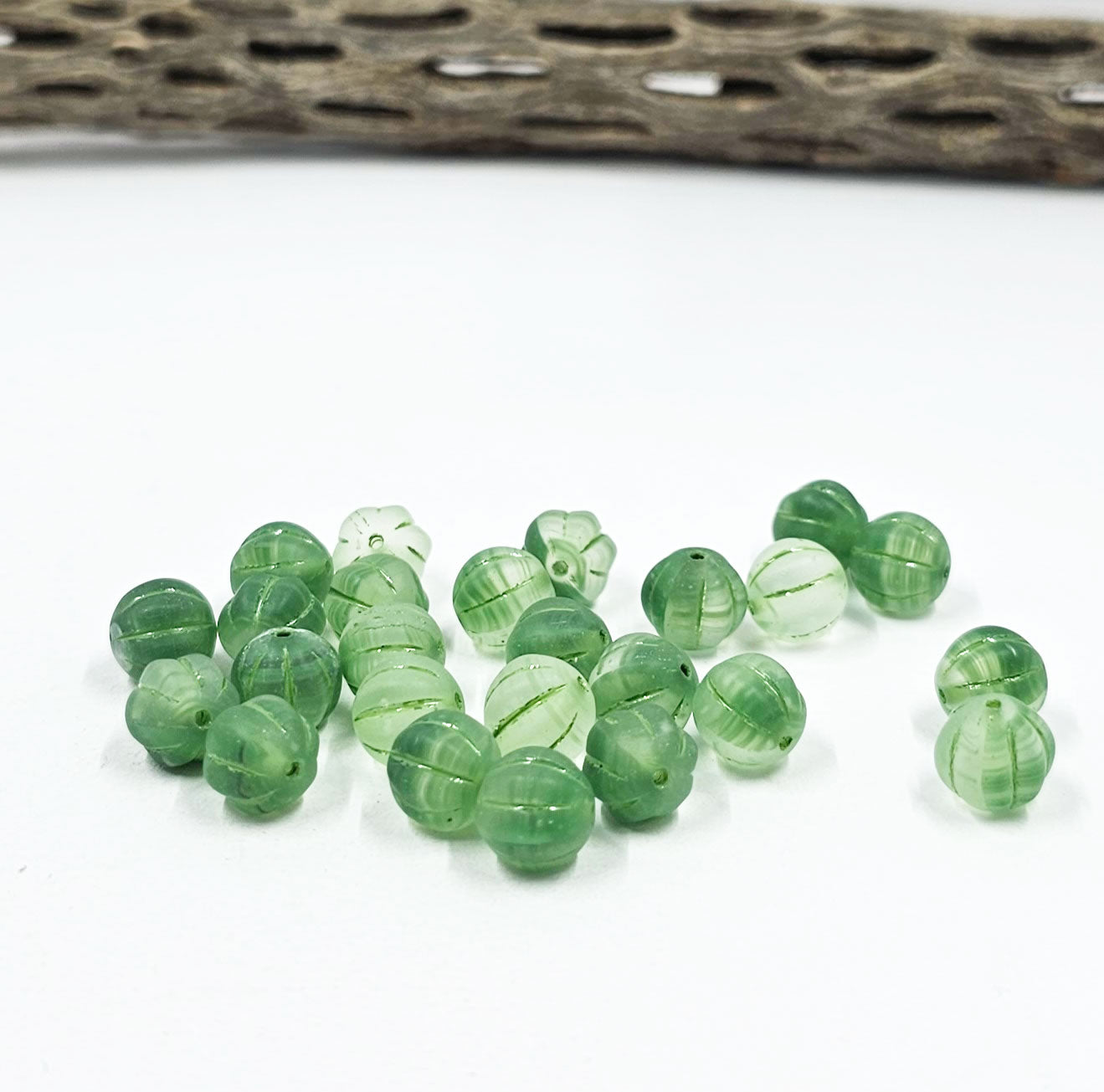 Czech Glass Beads "Melon" Mixed Green in clear with a silver wash 8mm  Pkg of 10