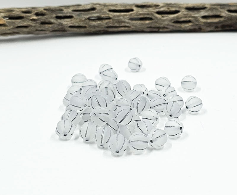 Czech Glass Beads "Melon" Matte Clear with Silver Wash 8mm  Pkg of 10