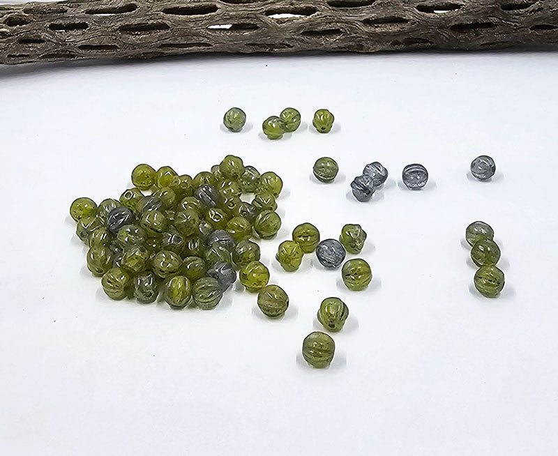 Czech Glass Beads "Melon" Green and Bluish Grey Mix 6mm  Pkg of 10