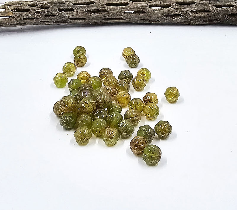 Czech Glass Beads "Melon" Green with Gold Luster (Autumn) 8mm  Pkg of 10