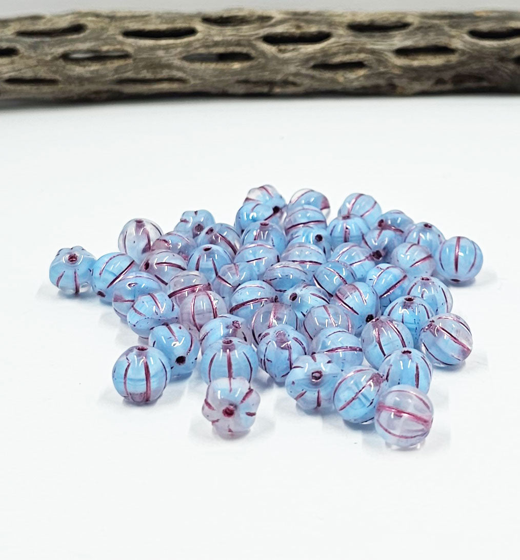 Czech Glass Beads "Melon" Light Blue encased in clear with a rose wash#2 8mm  Pkg of 10