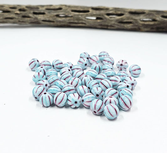 Czech Glass Beads "Melon" Light Blue with a rose wash 8mm  Pkg of 10