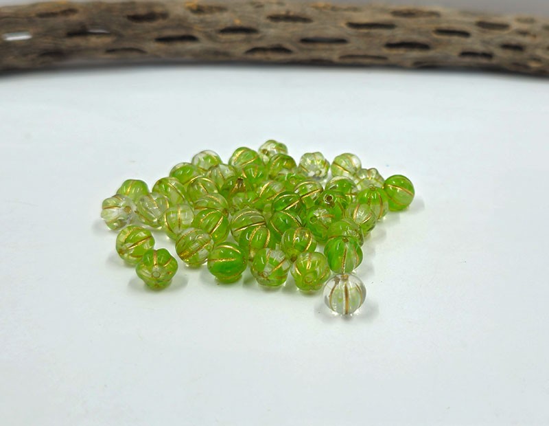 Czech Glass Beads "Melon" Lime Green with Gold  wash 8mm  Pkg of 10