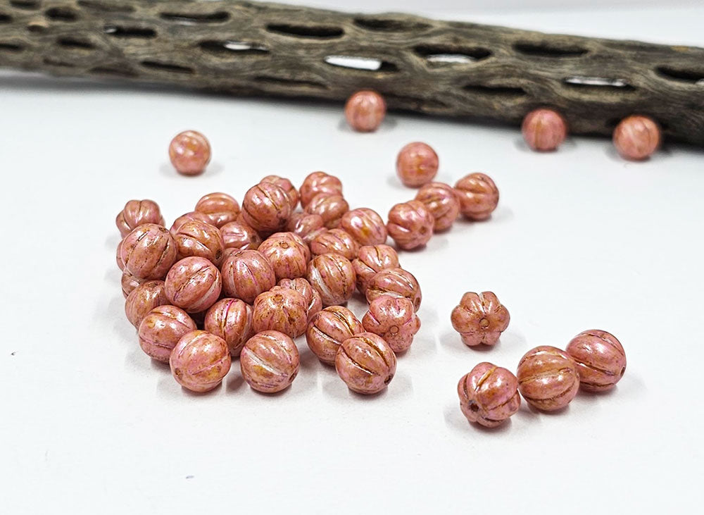 Czech Glass Beads "Melon" Pink Luster 8mm  Pkg of 10