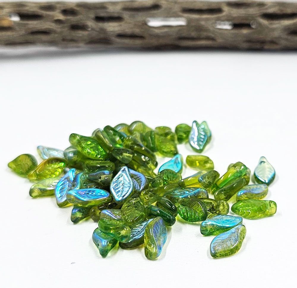 Czech Glass Beads - Leaves 06x12mm Green with AB coating Pkg of 25