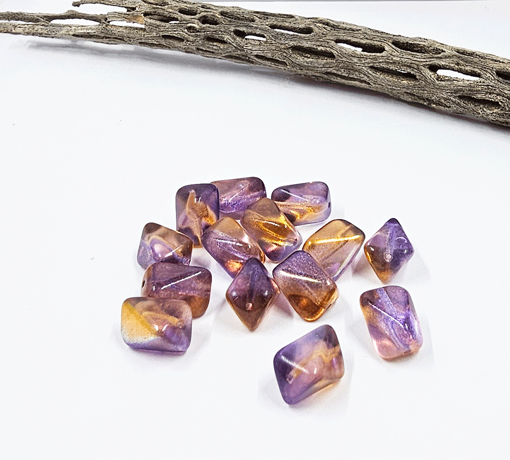 Czech "Meteorite " beads Amber/Purple Iridescent 14x11mm pkg of 6