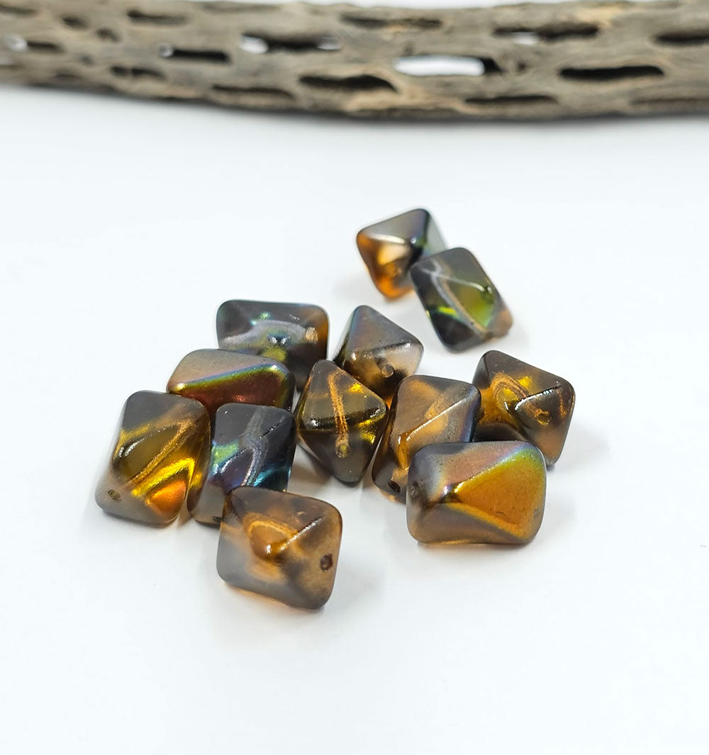 Czech "Meteorite " beads Amber/green, gold Iridescent 14x11mm pkg of 6