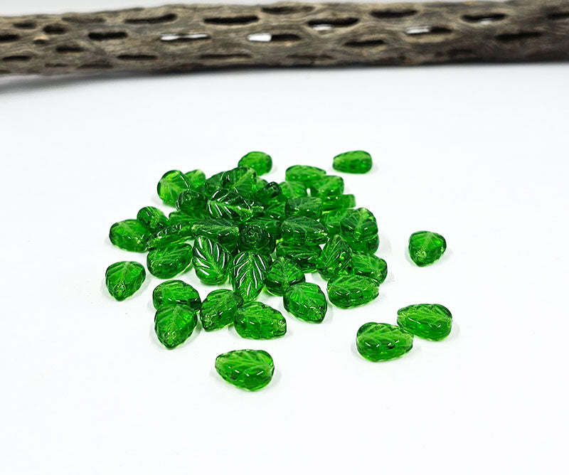 Czech Glass Beads - Mint Leaves 10x08mm Transparent Emerald Green Pkg of 16