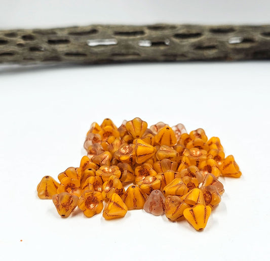 Czech Bellflower beads  06x08 Orange with a Copper wash pkg of 20