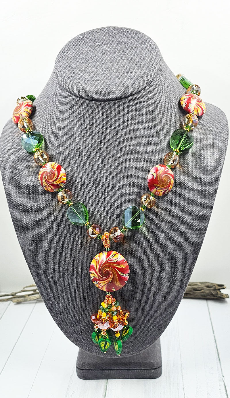 Polymer Clay Necklace with Fringe Reds and Yellow