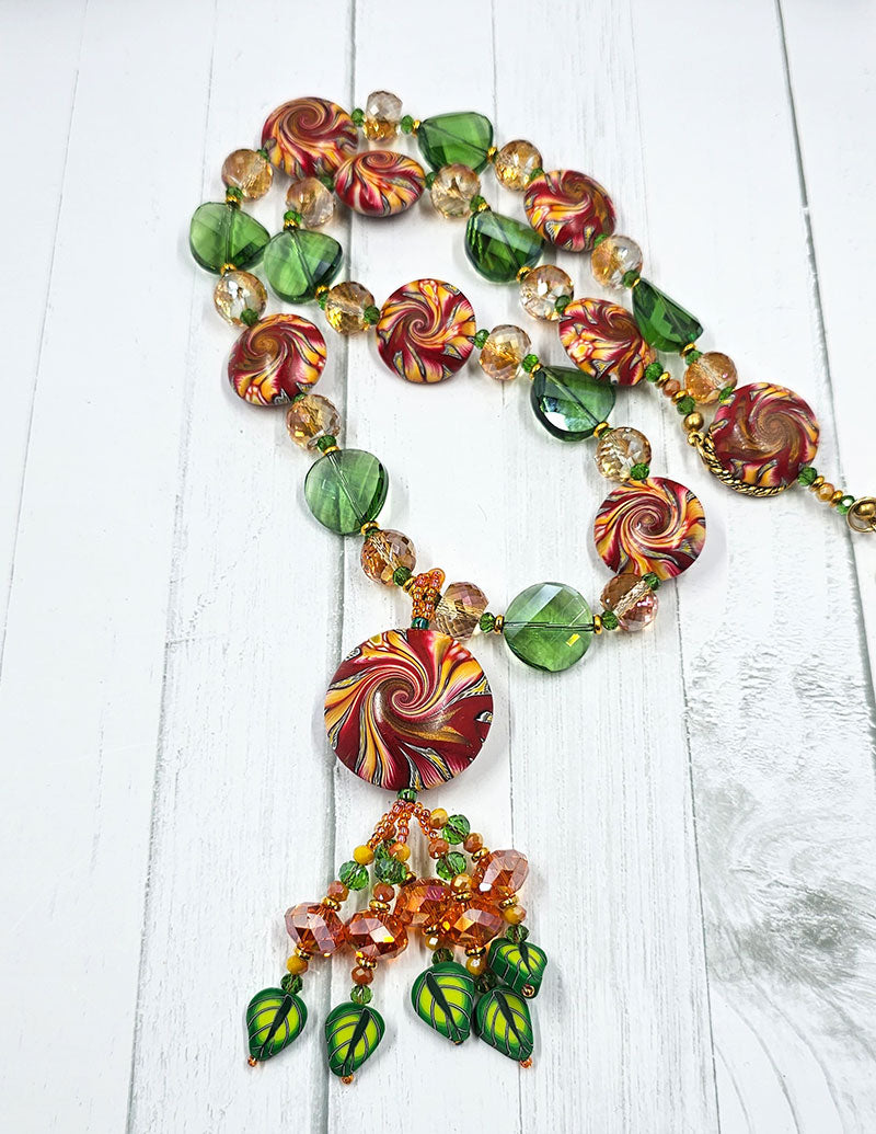 Polymer Clay Necklace with Fringe Reds and Yellow