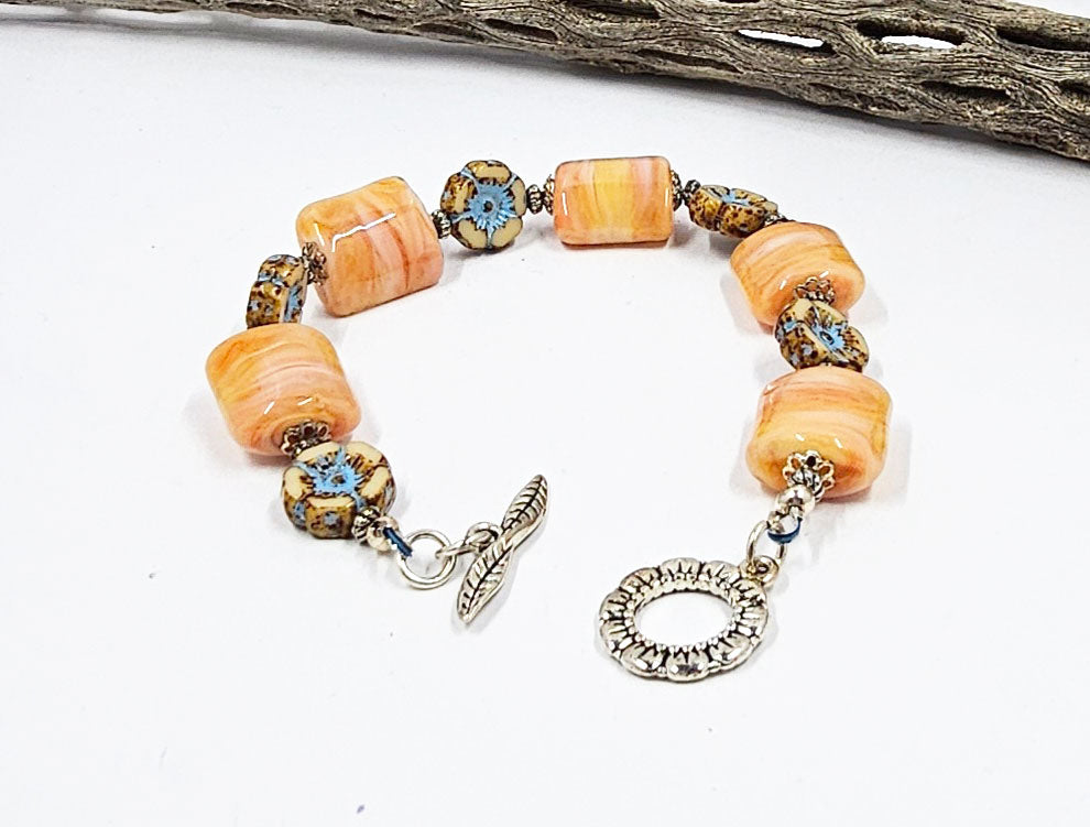 Lampwork Glass Bead Bracelet-Orange/yellow glass nuggets with Czech hawaiian flowers