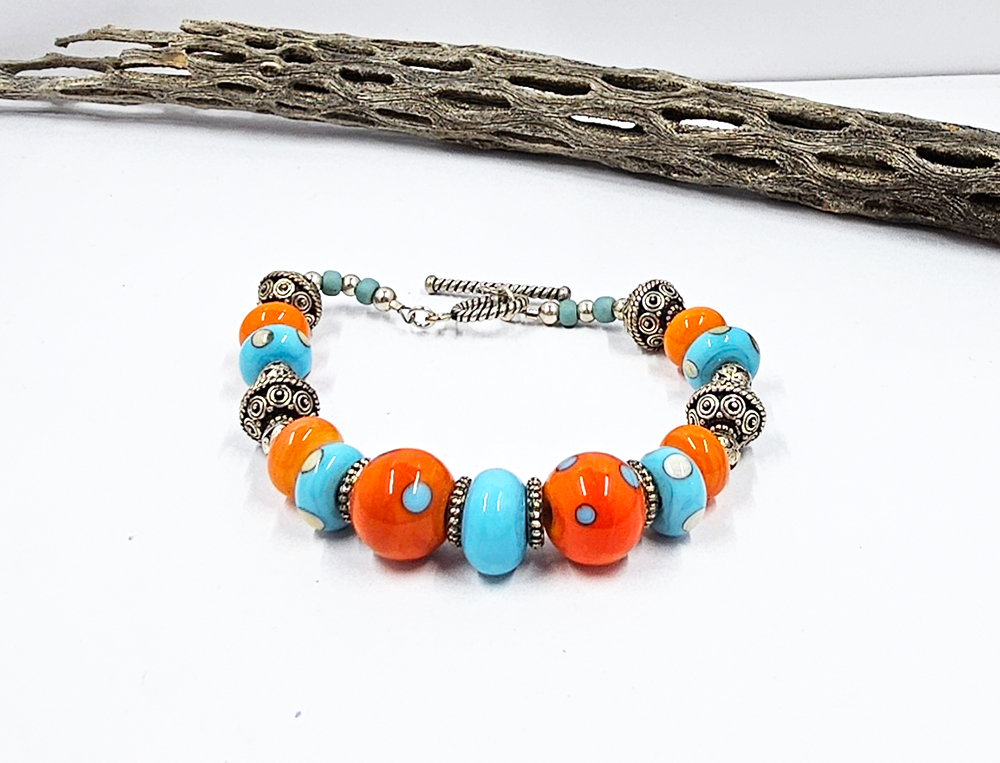 Lampwork Glass Bead Bracelet-Orange with Turquoise Dots