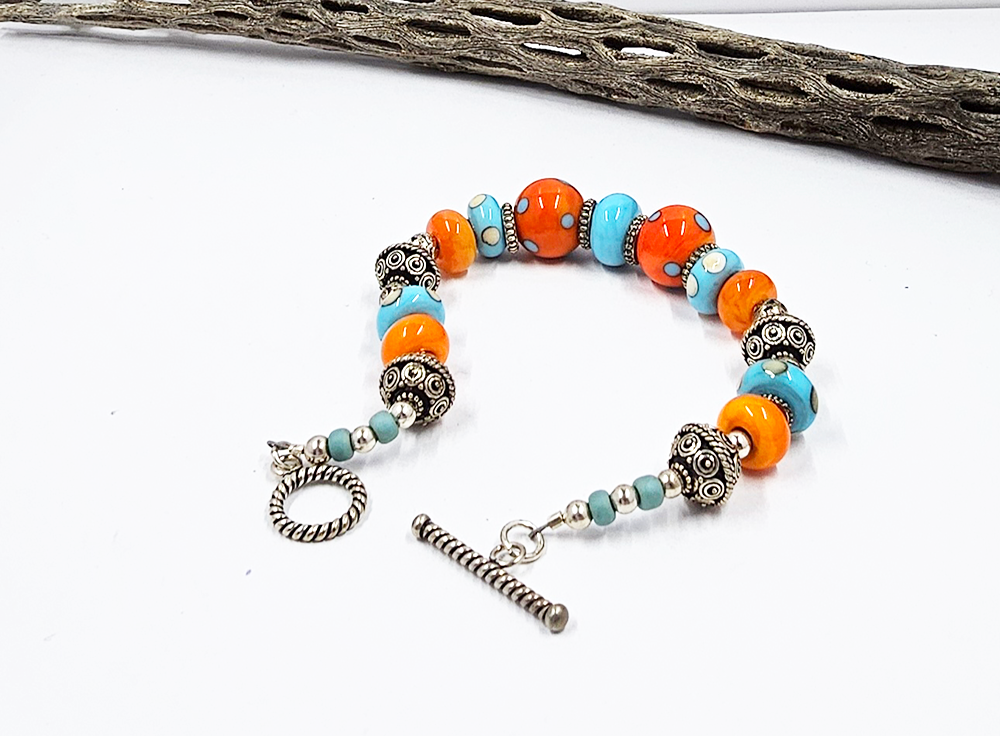 Lampwork Glass Bead Bracelet-Orange with Turquoise Dots