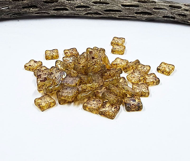 Czech Glass Beads -Square  Table Cut Square Beads Organic- Translucent Topaz with Picasso 10x10 Pkg of 8