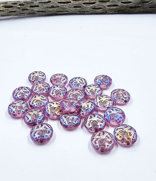 Czech Glass Beads - Button Beads - Brocade Coin Beads  - Pink AB - Czech Beads - Lentil Beads - 14mm - 4pcs