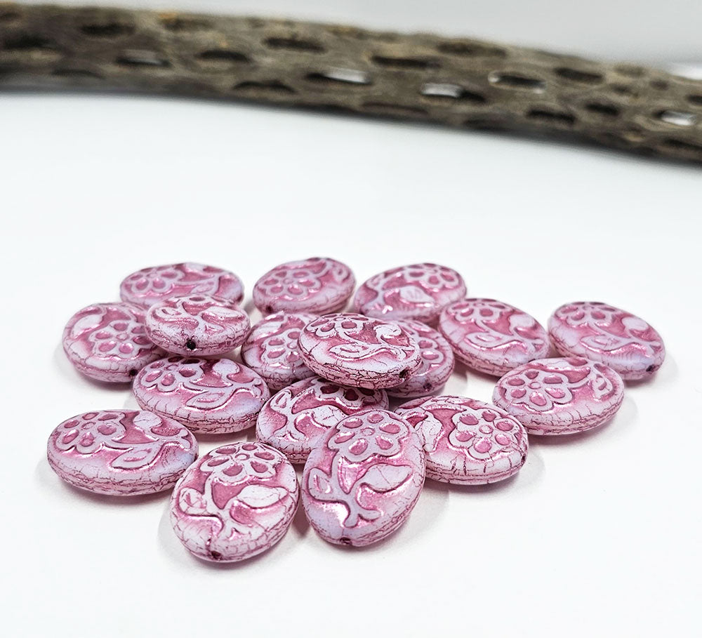 Czech Glass Beads -Floral Oval bead 21x16 White with  Metallic Pink Wash pkg of 4