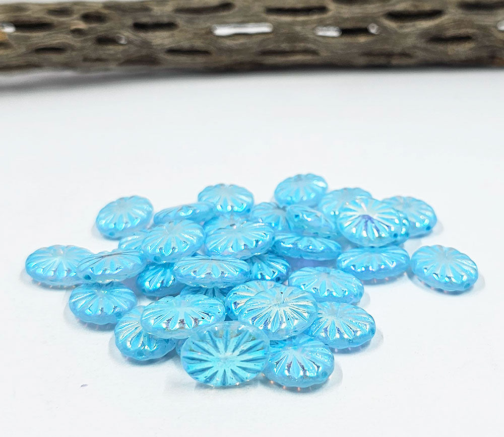 Czech Glass Beads -Oval Stars 14x12mm Light Blue with iridescent coating Pkg of 10