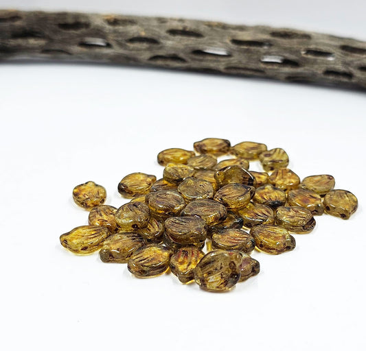 Czech Glass Beads - Peony Petals  09x12mm Olive Green with a Gold Wash Pkg of 1 0 Top Drilled