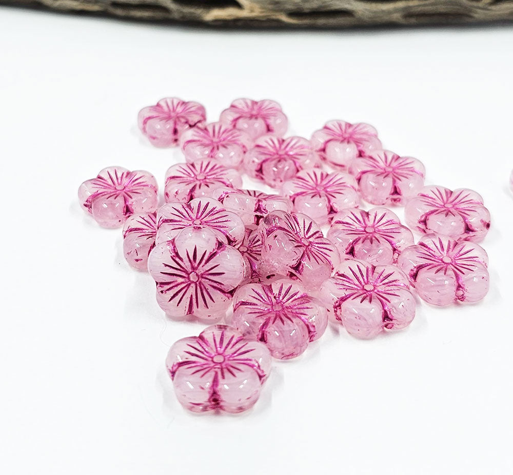 Czech Glass Beads "Cherry Flowers" Translucent White with Pink Wash 14x14 Pkg of 6