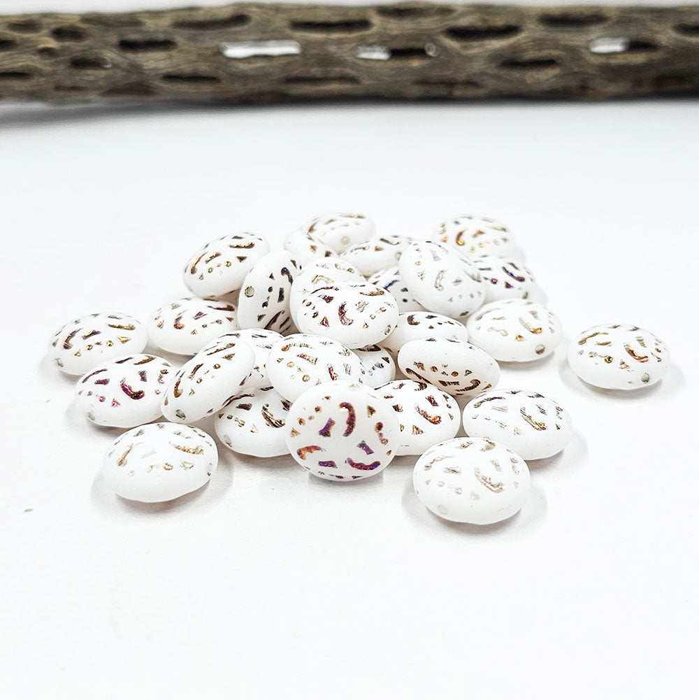 Czech Glass Beads - Button Beads - Brocade Coin Beads  -Puffy Lentils- Vintage Style - White with Metallic Wash - Lentil Beads - 14mm - 4pcs