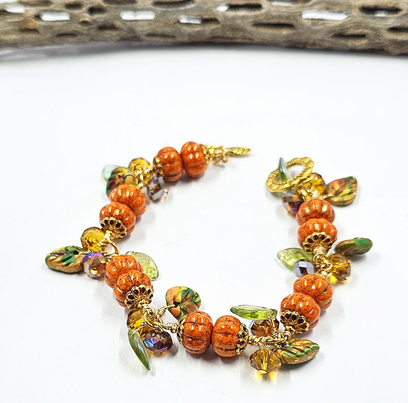 Fall Bracelet-Czech pumpkins and leaves