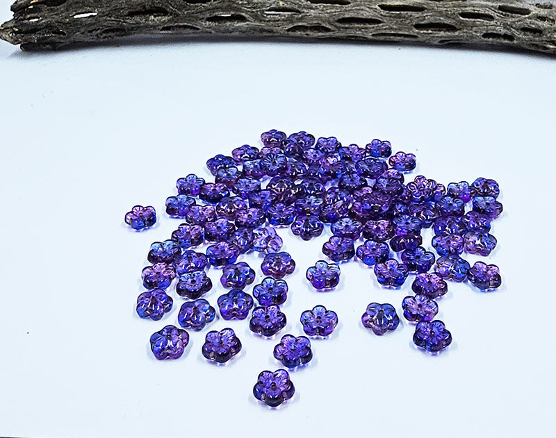 Czech Glass Beads "Cherry Flowers" Transparent purple/blue with a Metallic Rose Wash 8x8 Pkg of 20