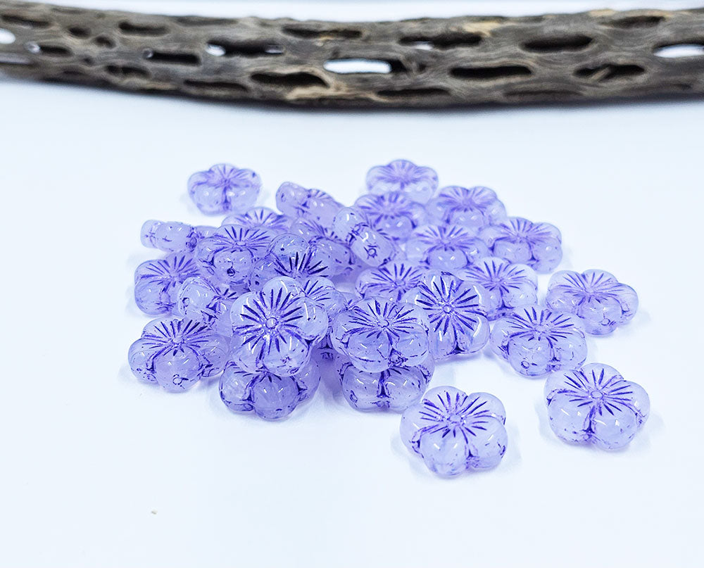 Czech Glass Beads "Cherry Flowers" Translucent White with Purple Wash 14x14 Pkg of 6